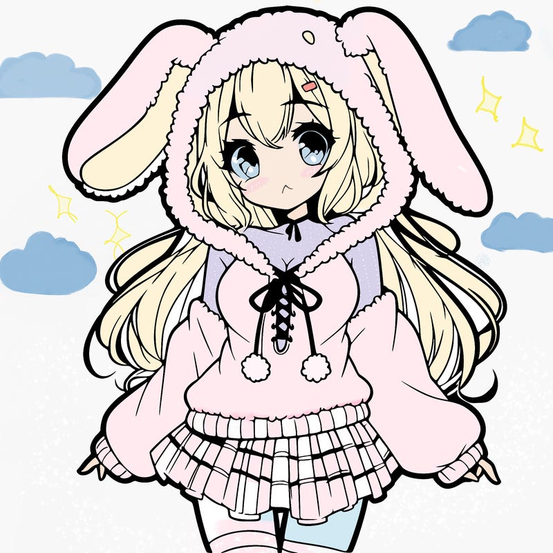 pretty anime girl wearing a fluffy hoodie with bunny ears on the hood and a skirt