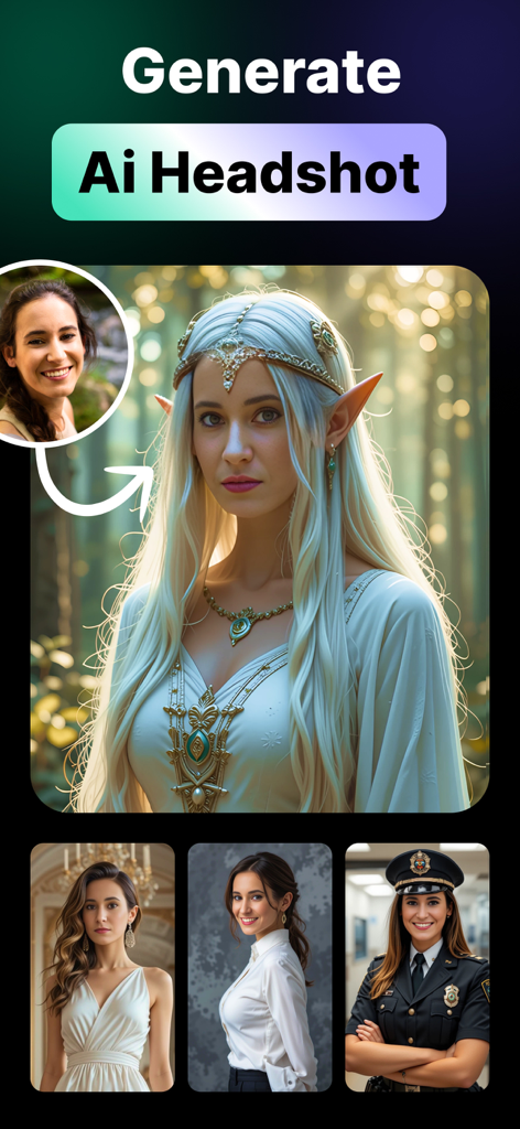 AI Video Generator - PicVideo - Mobile app screen showing a woman's portrait transformed into various AI generated headshots like an elf and professional outfits