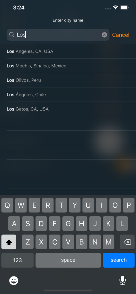 World Clock - Local Time - A city search interface in the World Clock app displaying a list of matching global locations
