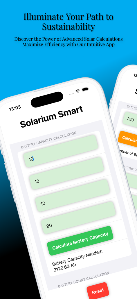 Interface do aplicativo Solarium Smart mostrando cálculo de capacidade de bateria para um sistema de energia solar