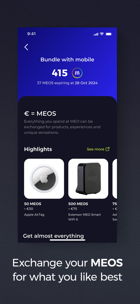 Interfaccia dell'app my MEO che mostra il programma fedeltà MEOS Rewards con saldo punti e prodotti disponibili come Apple AirTag.