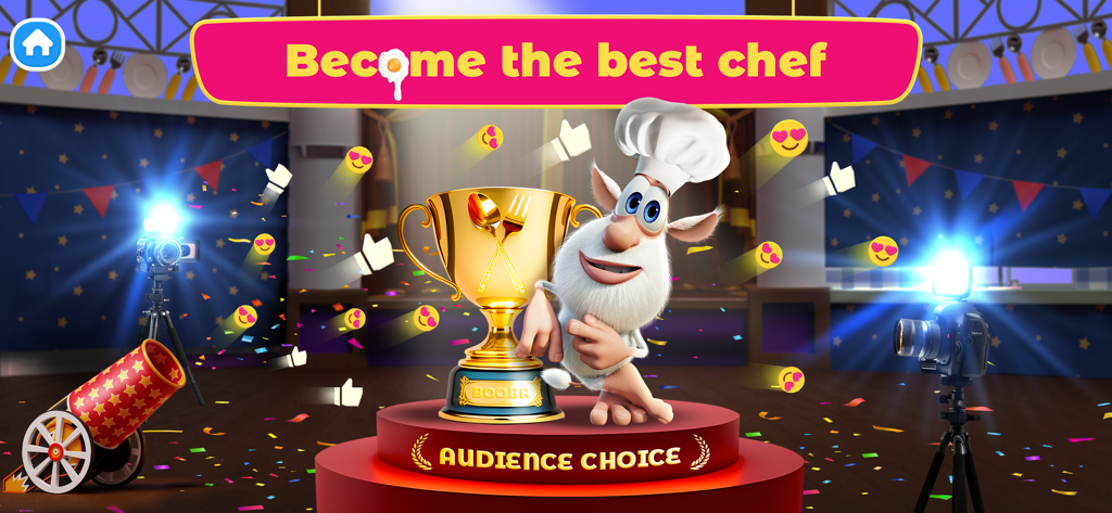 Booba Kitchen: Cooking Food - Booba the character in a chef hat leaning on a gold trophy on a studio stage with the text Become the best chef
