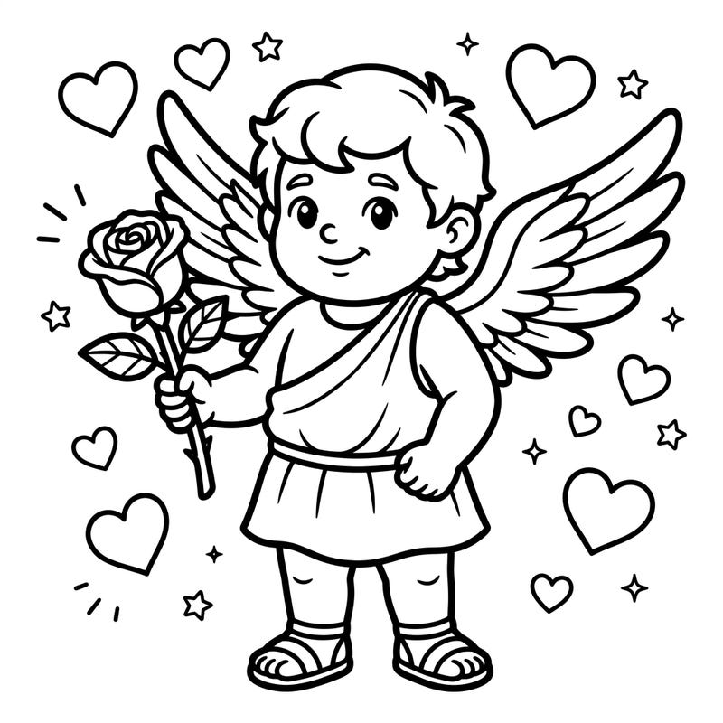 Let your little one explore their creativity with this charming Cupid holding a rose coloring page. Featuring bold lines and simple shapes, it's perfectly designed for toddlers to enjoy and develop their motor skills.
