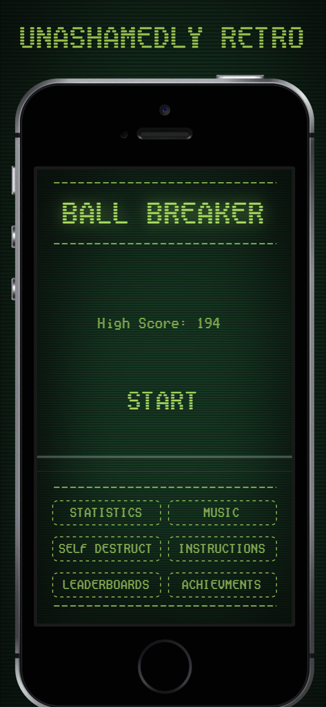 Ball Breakerモバイルゲームのレトロな緑の単色メインメニュー。