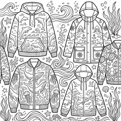 Explore a unique collection of outerwear designs, each adorned with captivating marine life like playful dolphins, majestic whales, and fearsome sharks. This intricate coloring page invites you to bring a vibrant ocean wardrobe to life with your favorite hues.