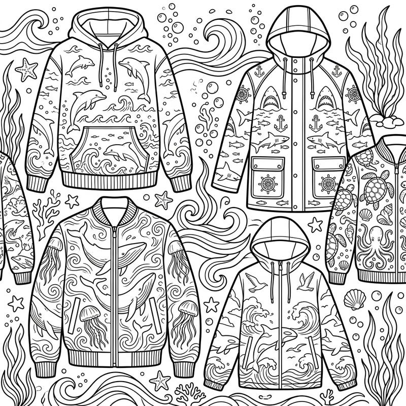 Explore a unique collection of outerwear designs, each adorned with captivating marine life like playful dolphins, majestic whales, and fearsome sharks. This intricate coloring page invites you to bring a vibrant ocean wardrobe to life with your favorite hues.