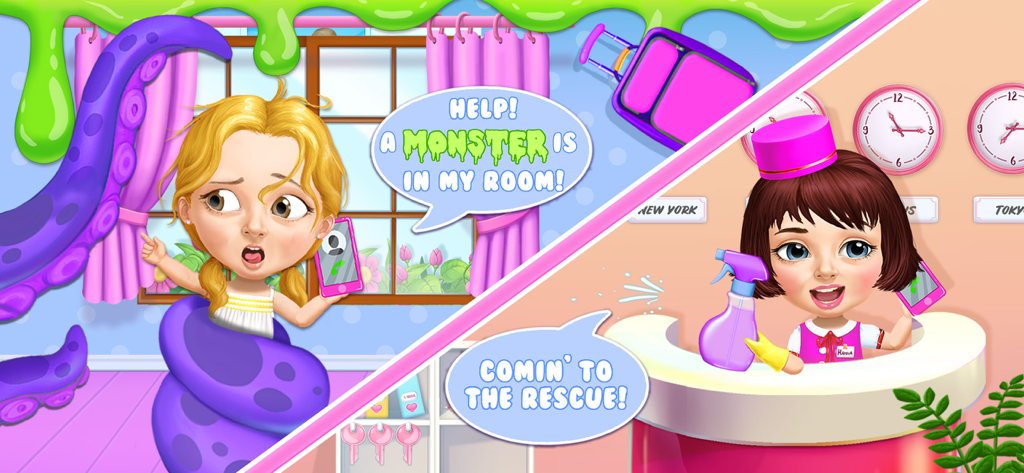 Sweet Baby Girl Hotel Cleanup - La recepcionista de Sweet Baby Girl Hotel Cleanup rescata a una niña de un monstruo de slime