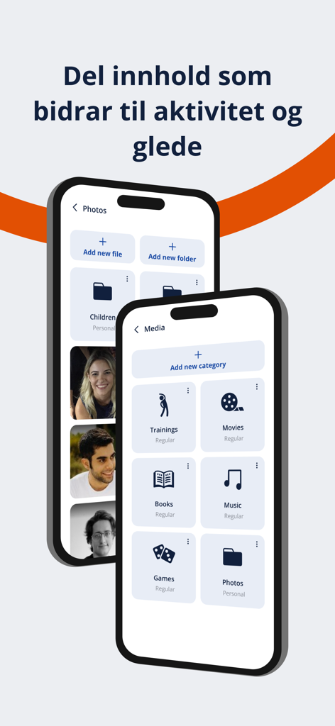Berntsen - Interface of the Berntsen app showing media categories including training videos movies music and photo sharing for seniors