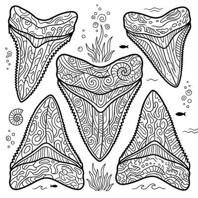 Embark on an artistic journey to the ancient oceans with this detailed Megalodon teeth coloring page, designed for adults. Discover the formidable beauty of these prehistoric shark teeth, each intricately patterned for a relaxing and engaging creative escape.
