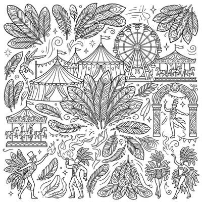 Dive into a spectacular fusion of delicate feather patterns and a lively carnival atmosphere with this intricate coloring page. Experience the magic of the big top alongside elegant avian designs, perfect for a captivating artistic escape.