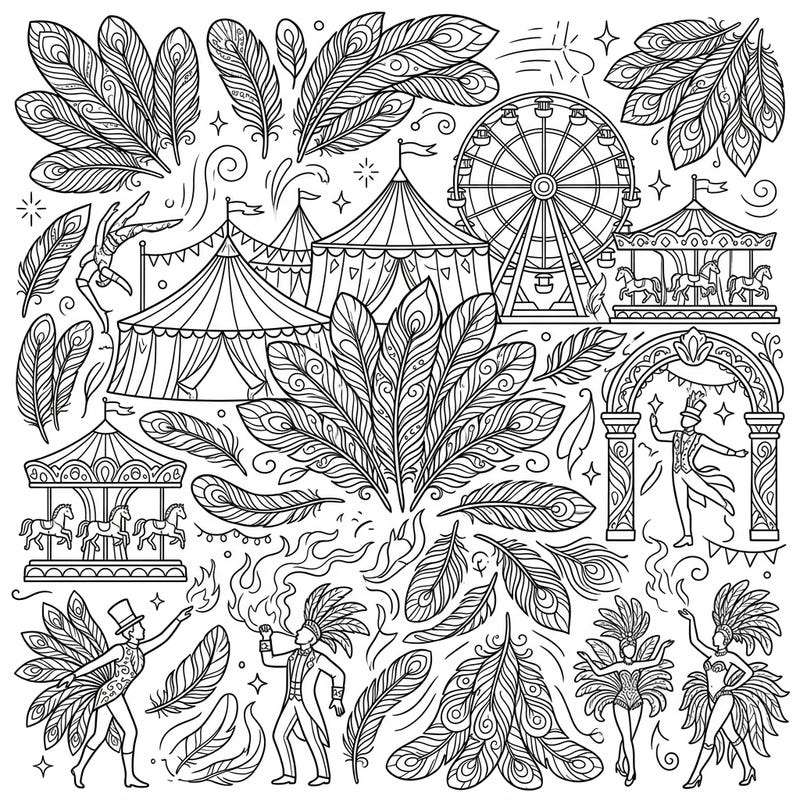 Dive into a spectacular fusion of delicate feather patterns and a lively carnival atmosphere with this intricate coloring page. Experience the magic of the big top alongside elegant avian designs, perfect for a captivating artistic escape.