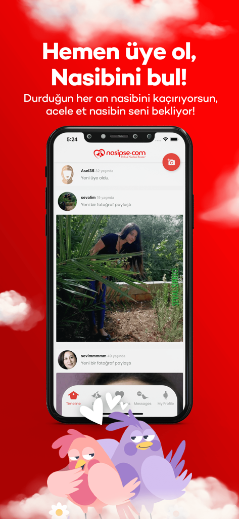 Nasipse - Evlilik Sitesi - Captura de tela da linha do tempo do aplicativo móvel Nasipse mostrando perfis de usuários para buscadores de casamento turcos.