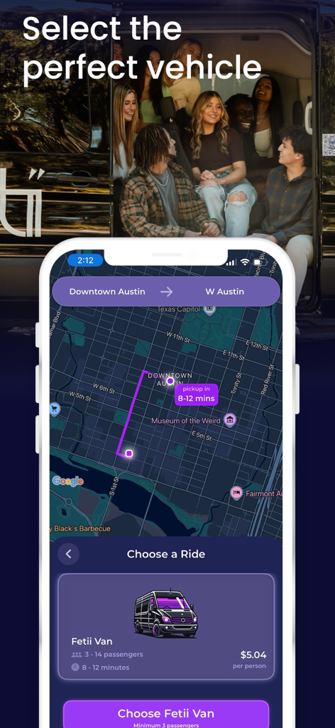 Fetii Ride - Interface de l'application Fetii Ride montrant la sélection d'un van de groupe et la carte d'itinéraire à Austin