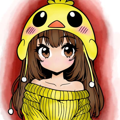 anime girl with chick shaped hat with sweater with bare shoulders with bangs covering them one eye with low tail