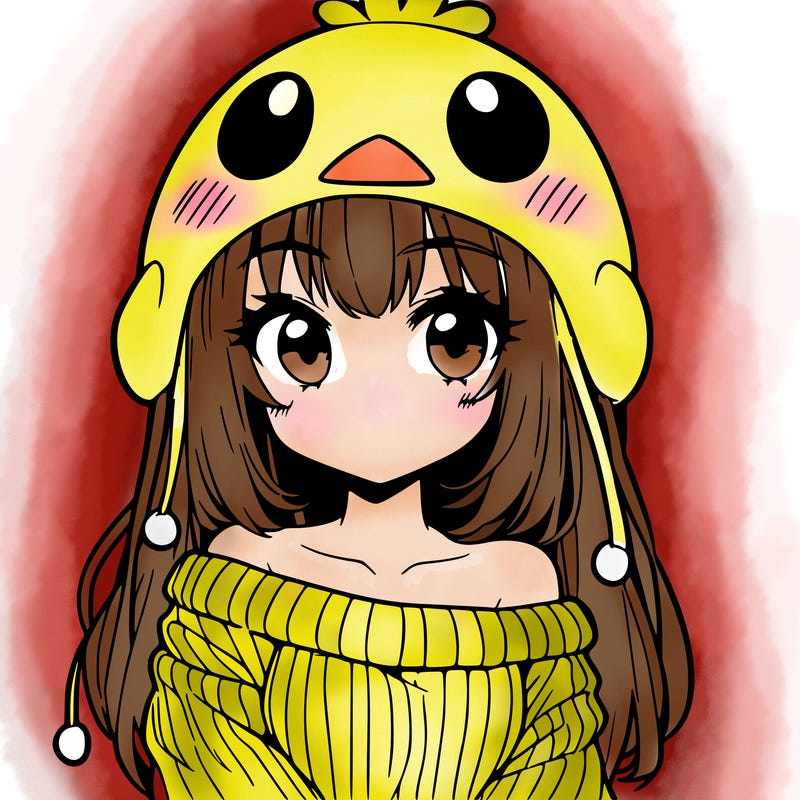 anime girl with chick shaped hat with sweater with bare shoulders with bangs covering them one eye with low tail