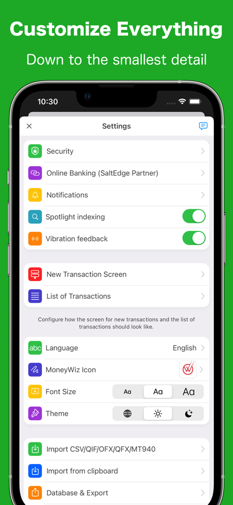 MoneyWiz 2026 Personal Finance - Pantalla de configuración de la aplicación MoneyWiz 2026 que muestra opciones de personalización para temas, fuentes y seguridad.