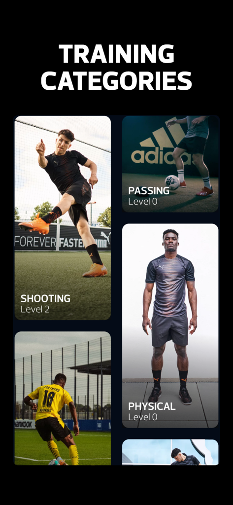 box-to-box: Soccer Training - Interface do aplicativo box-to-box mostrando categorias de treinamento de futebol como finalização, passe e treinos físicos com níveis de habilidade.