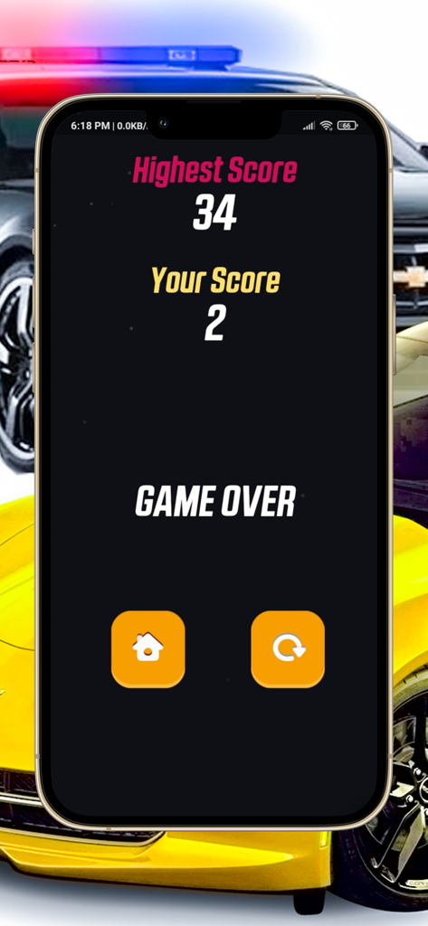 Car Driving Police vs Thief - Game over screen displaying the current score and highest score with home and restart buttons.