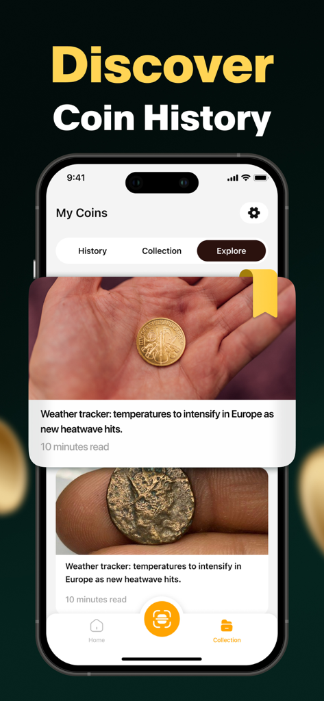 Coin ID Scan: Value Identifier - Interface of the Coin ID Scan app showing the Explore tab with articles to discover coin history.