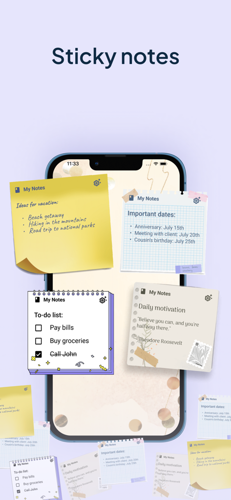 My Notes - Notebook, Notepad - タスクやアイデアを整理するためのさまざまな美しい付箋ウィジェットを表示するスマートフォンのホーム画面