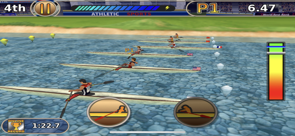 Athletics: Summer Sports Full - A screenshot of a 3D rowing competition in the Athletics Summer Sports mobile game featuring multiple athletes and gameplay controls