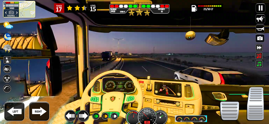 American Truck Cargo Transport - Vista de cabina en primera persona de un camión conduciendo por una autopista por la noche con un salpicadero realista