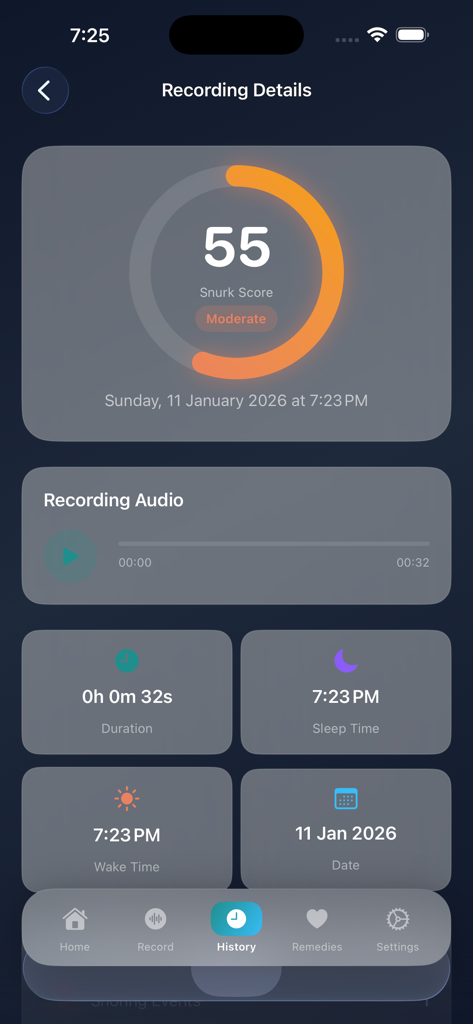 Snore Recorder Tracker - Recording details screen of the Snore Recorder Tracker app showing a moderate snore score of 55 and audio playback interface