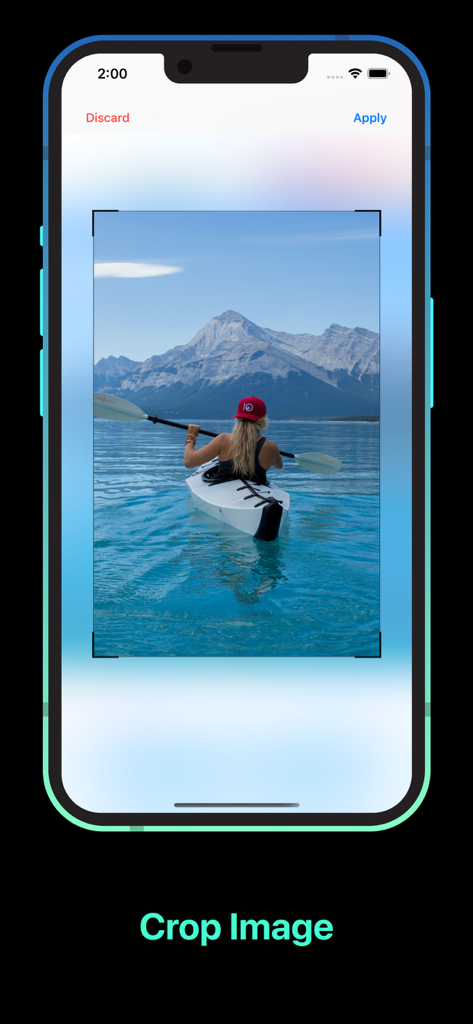 Resize Photos· - 湖の上のカヤックの写真と共に、トリミング画像ツールを表示するiPhone上のResize Photosアプリのインターフェース。