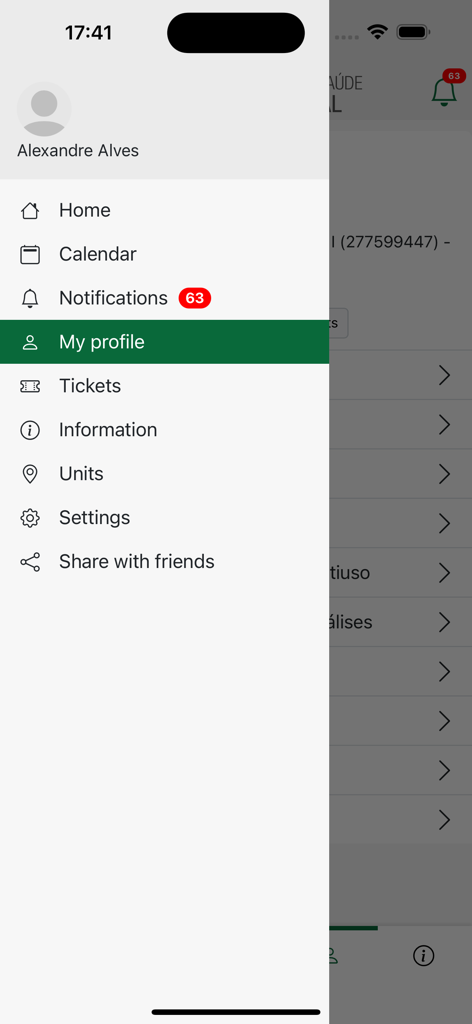 MyULSAS患者ポータルモバイルアプリのサイドナビゲーションメニュー。カレンダー、プロフィール、通知などのオプションが表示されています。