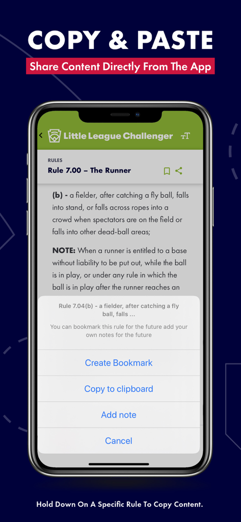 Little League Rulebook - Screenshot of the Little League Rulebook app showing how to copy and paste specific game rules and create bookmarks.