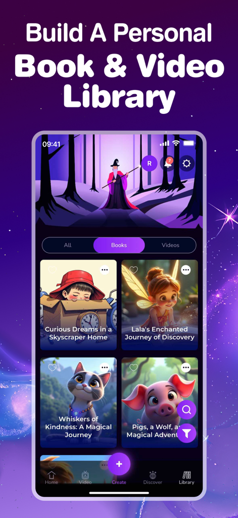 Storytime AI: Story Generator - A mobile interface of Storytime AI showing a collection of personalized children books and a build a personal library title