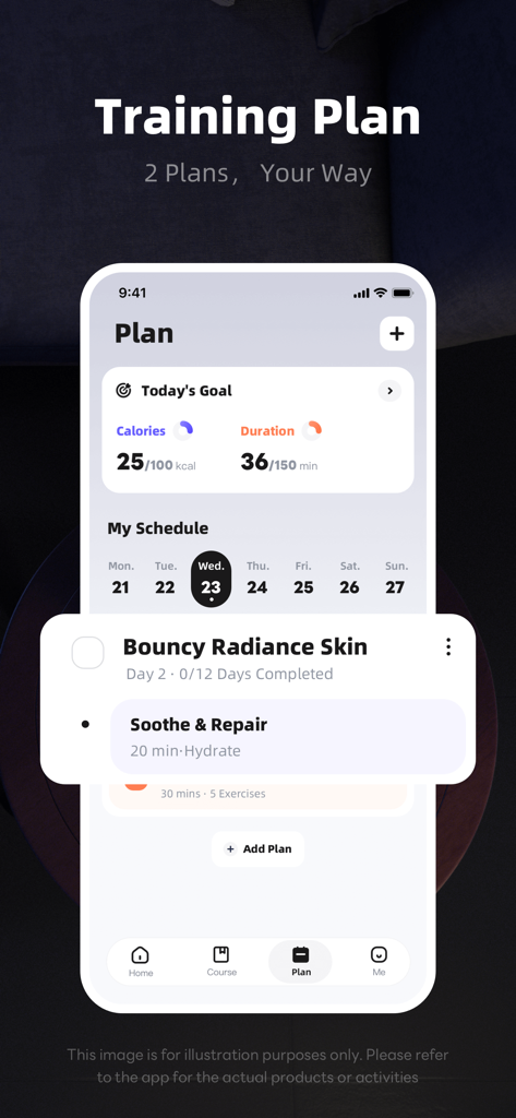 KS Fit app mobile interface displaying a daily training plan with calorie goals and exercise schedule.