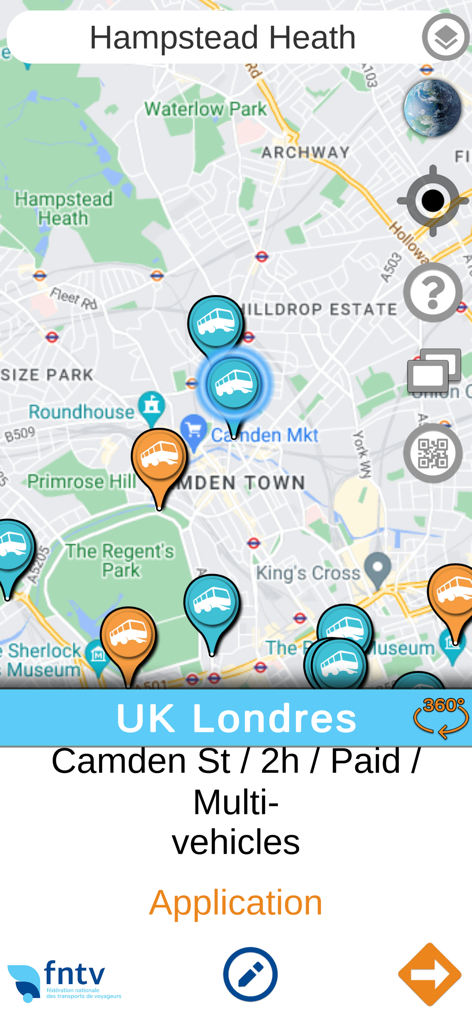 Map view of the Buspark Europe app showing coach parking locations in London Camden Town area
