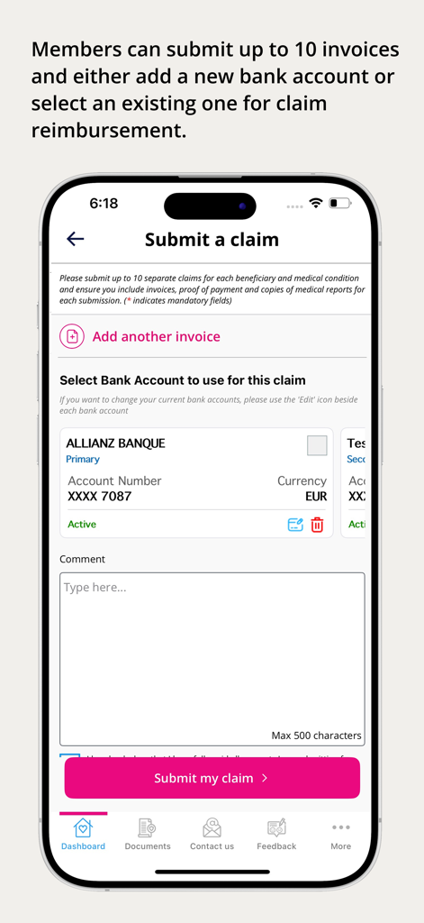 HCI Group - The Submit a claim screen of the HCI Group app allowing users to upload invoices and select bank accounts for medical insurance reimbursement.