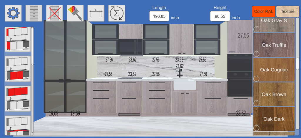 A 3D kitchen design interface showing cabinets dimensions in inches and wood texture options