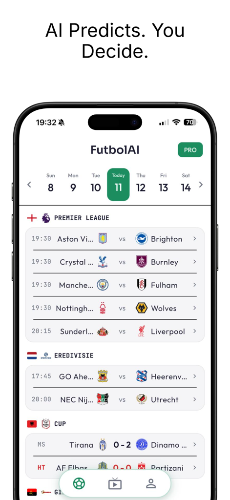 Match Predictions - FutbolAI - FutbolAI mobile app interface showing soccer match schedules and fixtures for leagues like the Premier League.