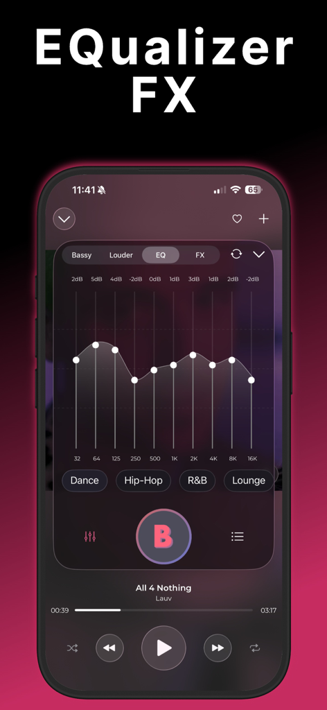 Screenshot of the BASSY app showing the Equalizer FX interface with frequency curve adjustments and music genre presets