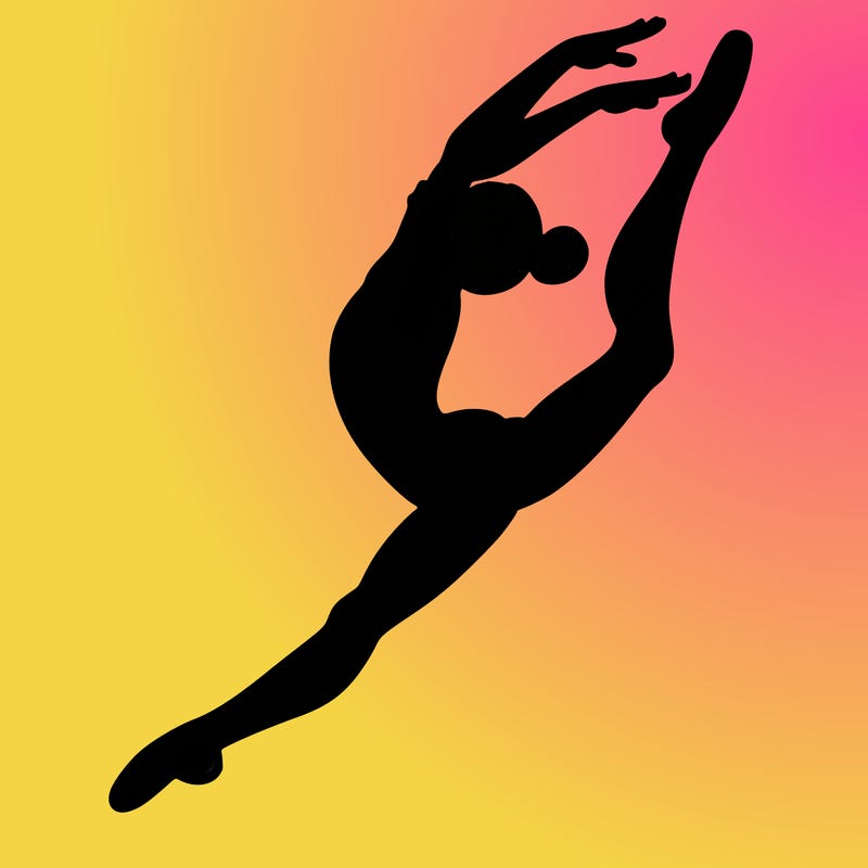 gymnast doing a leap in a leotard with a bent back leg