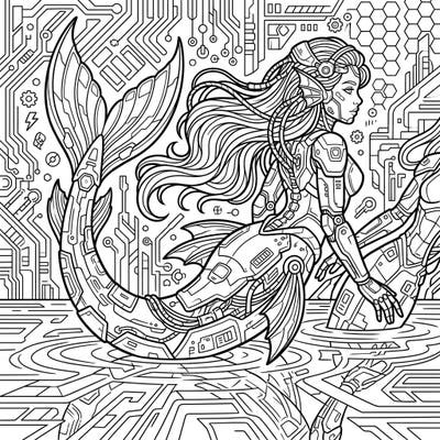 Explore the captivating fusion of myth and technology with this Cyberpunk Lake Mermaid coloring page. Immerse yourself in a world of intricate robotic details and futuristic aquatic beauty, ready for your artistic touch.