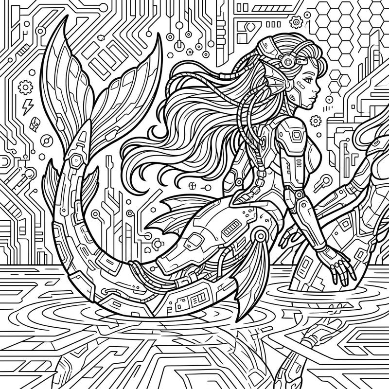 Explore the captivating fusion of myth and technology with this Cyberpunk Lake Mermaid coloring page. Immerse yourself in a world of intricate robotic details and futuristic aquatic beauty, ready for your artistic touch.