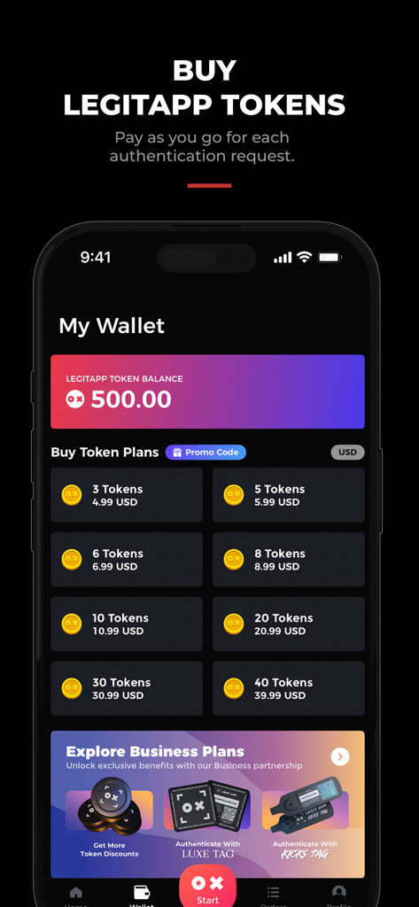 LegitApp My Wallet screen displaying token balance and purchase options for authentication tokens