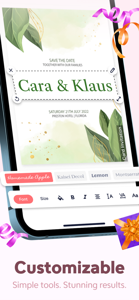 Invitation Maker Card Maker - Smartphone screen showing how to customize a save the date card with fonts and styles in the invitation maker app