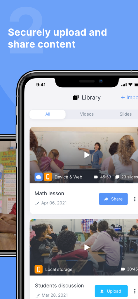 Interface of the Swivl Capture app showing a library of recorded classroom lessons with options to securely upload and share content