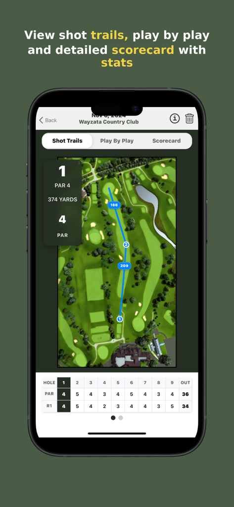 aG Locker - aG Locker app interface displaying golf shot trails on a course map and a detailed scorecard