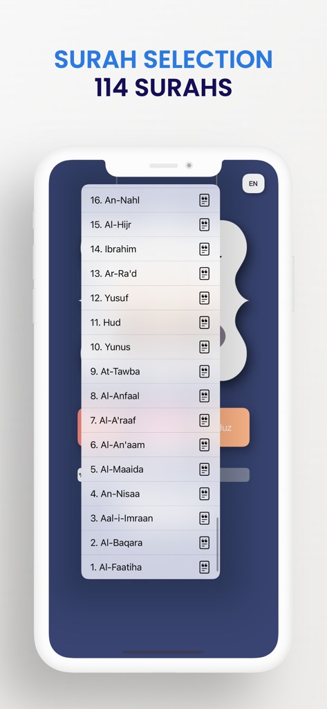 Quran Time - Uma tela móvel do aplicativo Quran Time exibindo uma lista limpa de 114 Suratas para fácil navegação e seleção