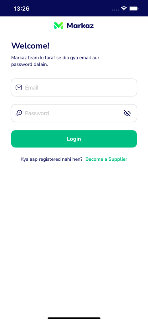 Tela de login do aplicativo Markaz Fornecedor com campos de entrada de e-mail e senha