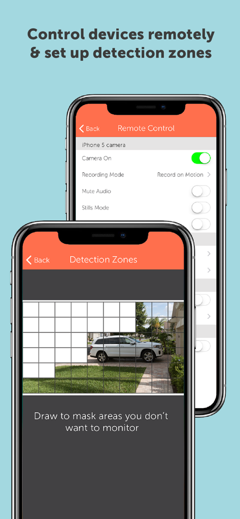 Manything - Manything app interface showing remote camera settings and motion detection zones configuration on two iPhones
