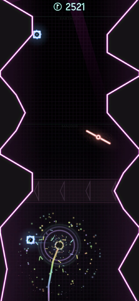 Poosh XL - Gameplay screenshot of Poosh XL arcade game with neon purple zigzag walls and a high score counter