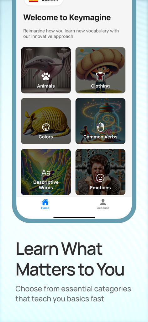 Keymagine - Keymagine app home screen showing vocabulary categories like animals and clothing with visual mnemonics
