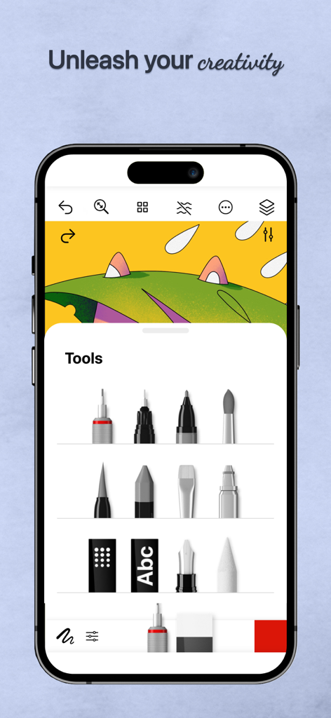 Tayasui Watercolorのモバイルインターフェイスで、さまざまなデジタルペインティングおよび描画ツールが表示されています。